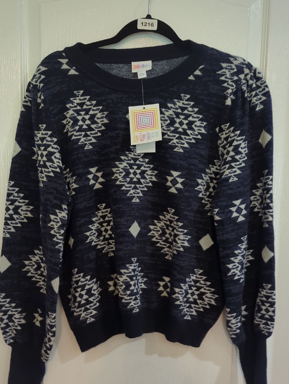 NWT LuLaRoe Piper Women's Navy and White Geometric Crewneck Sweater Sz XL